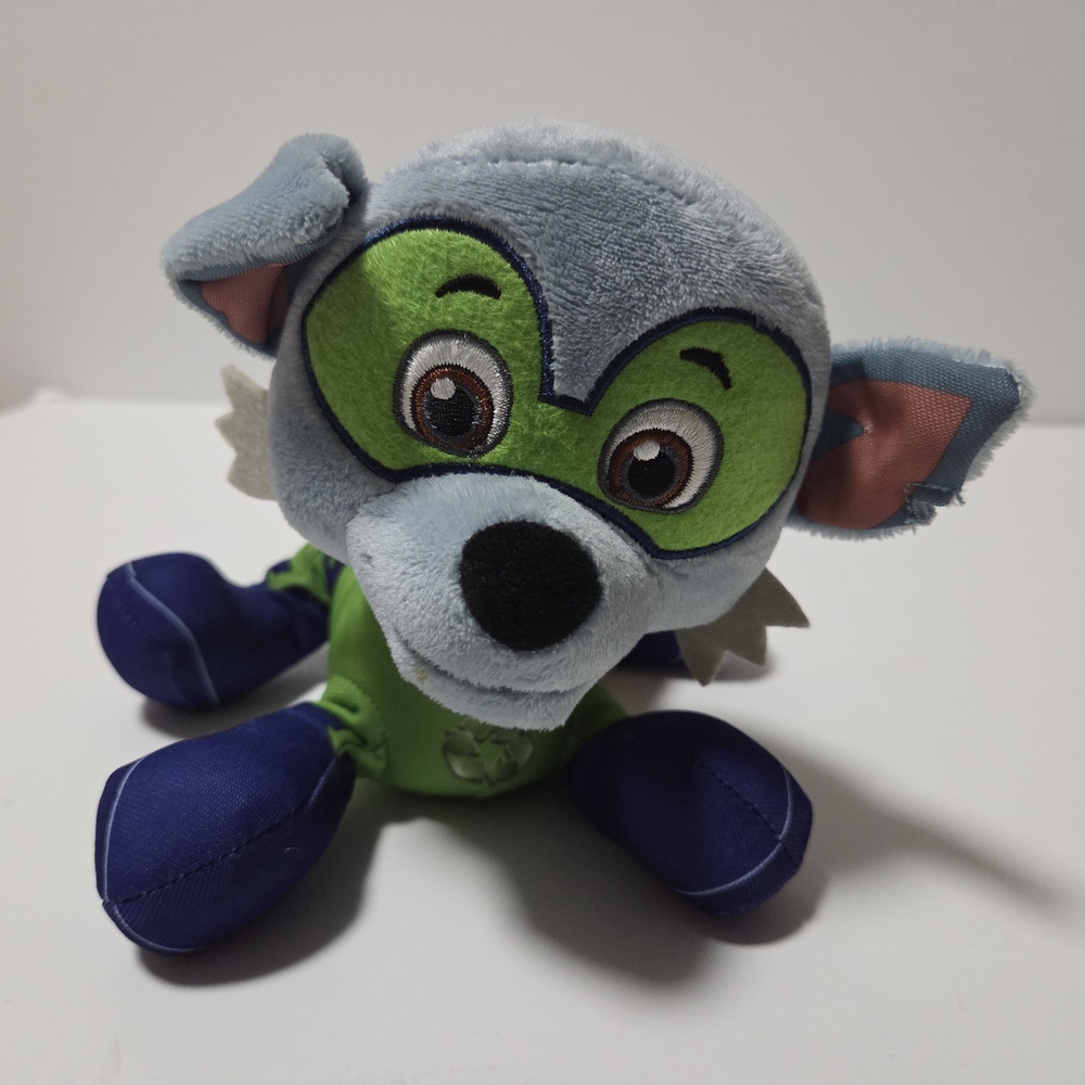 Paw Patrol Super Pups Rocky Plush Stuffed Animal Toy Blue Recycling Dog Cape